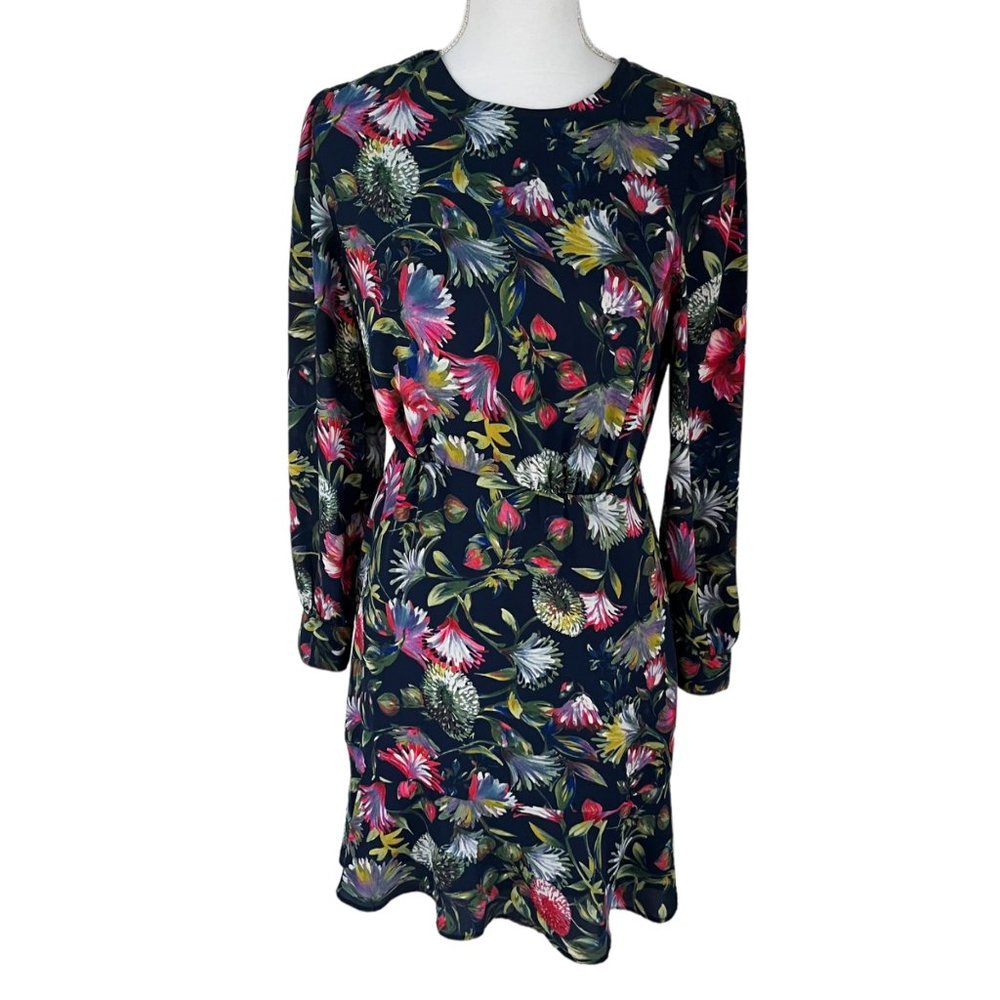 J. Crew Navy Blue Floral Print Flouncy Hem Long Sleeve Crew Neck Dress 2